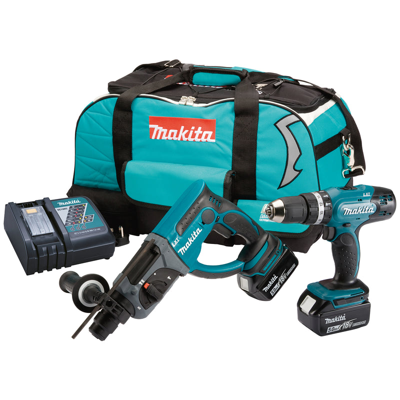 Makita DLX2025T 18v 2 Piece Kit DHP453 Combi & DHR202 SDS Plus Rotary Hammer Including 2 x 5.0Ah Batteries and LXT400 Carry Bag