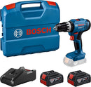 Bosch cordless drill with case, battery, and charger on a white background