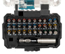 Makita drill bit set with various bits and a driver bit on a white background