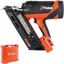 Paslode nail gun with an orange carrying case on a white background