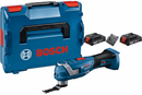Bosch multi-tool foreground, batteries and charger in background
