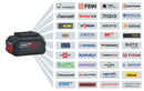 AMP Share battery with brand logos on a white background
