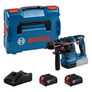 Bosch power drill set with case, drill, batteries, and charger on a white background
