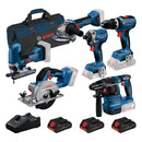 Bosch 18V 6-Piece Brushless Tool Kit – Combi Drill, Impact Driver, Grinder, SDS, Circular Saw & Jigsaw, 3 × 4.0Ah ProCore (0615A5008C)